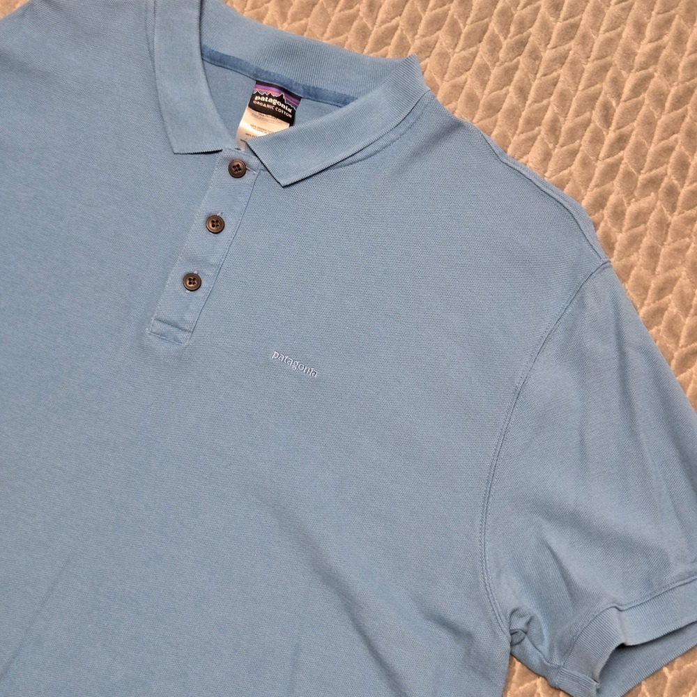 Patagonia Mens XL Light Blue Organic Cotton Pique Short Sleeve Polo Shirt 52825